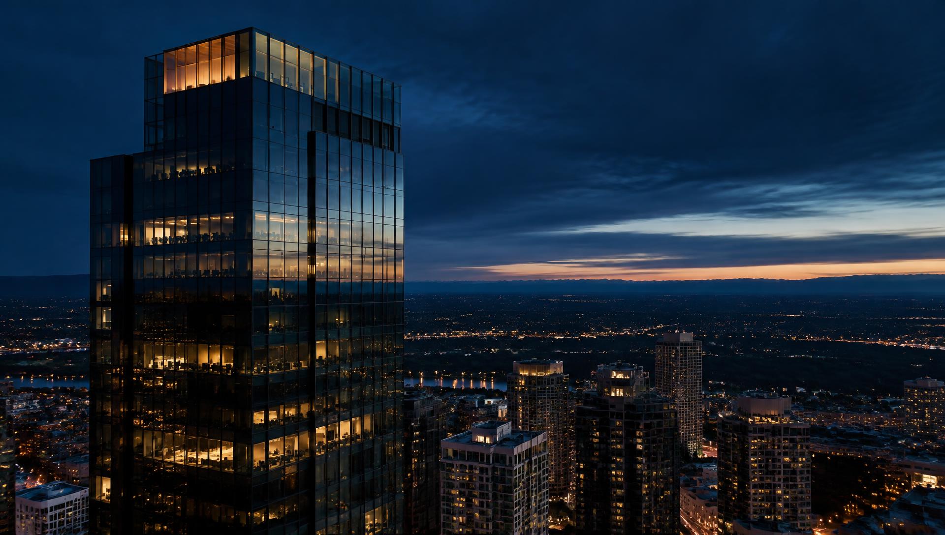 Corporate tower overlooking the Alberta prairie at dusk